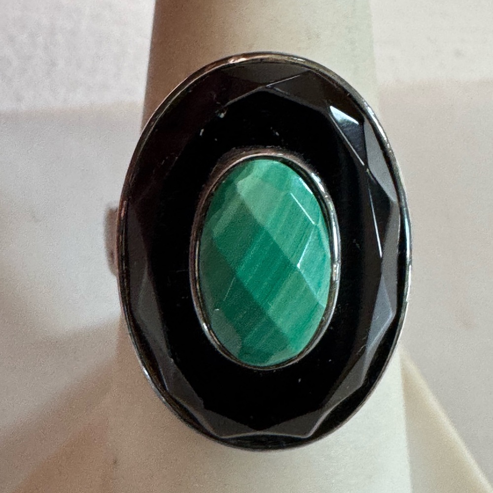 Vintage 925 Malachite & Onyx Statement Ring